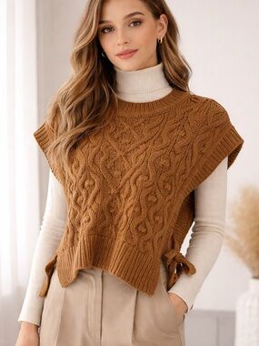 LOFT Cable Knit Brown Sleeveless Sweater Vest with Side Ties